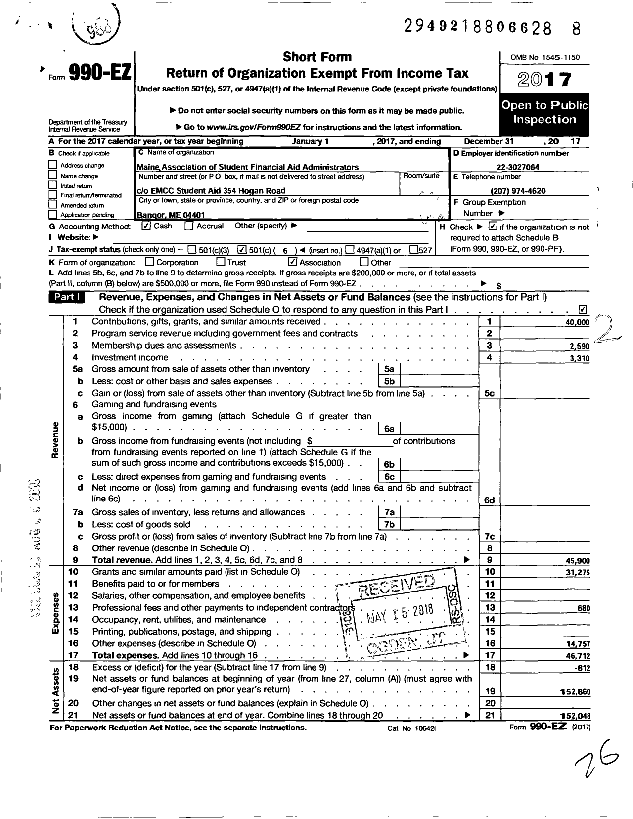 Image of first page of 2017 Form 990EO for Maine Association of Student Financial Aid Administrators