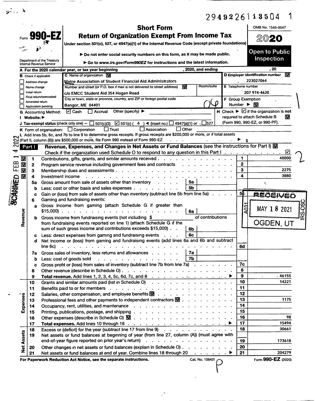 Image of first page of 2020 Form 990EO for Maine Association of Student Financial Aid Administrators