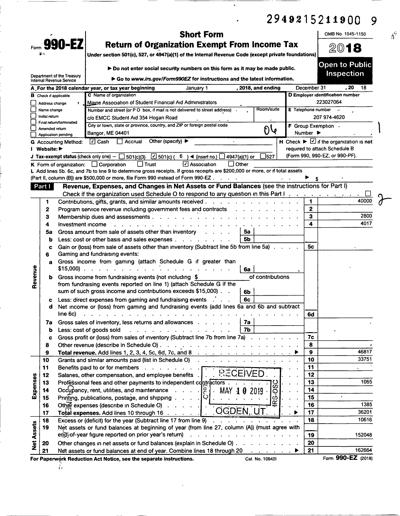 Image of first page of 2018 Form 990EO for Maine Association of Student Financial Aid Administrators