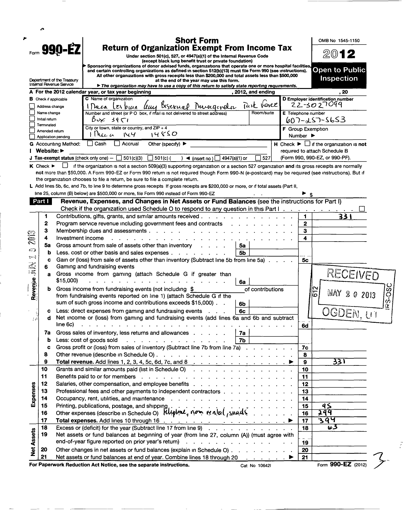 Image of first page of 2012 Form 990EO for Ithaca Lesbian Gay Bisexual Transgender Task Force