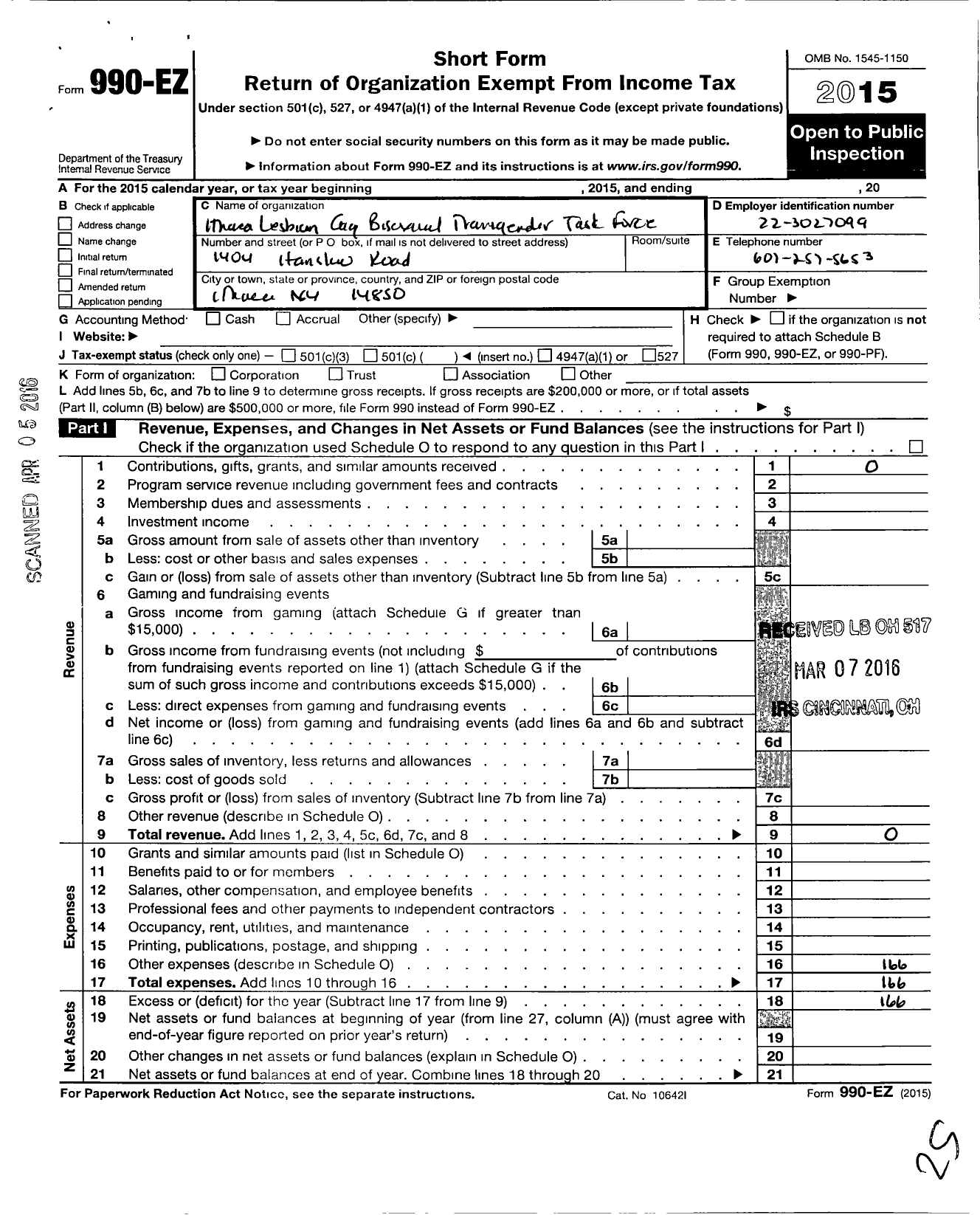 Image of first page of 2015 Form 990EO for Ithaca Lesbian Gay Bisexual Transgender Task Force