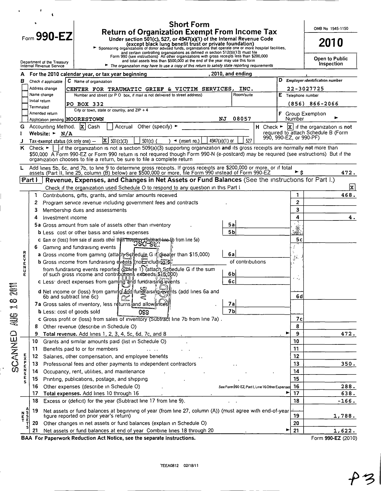 Image of first page of 2010 Form 990EZ for South Jersey Survivors of Violent Crimes