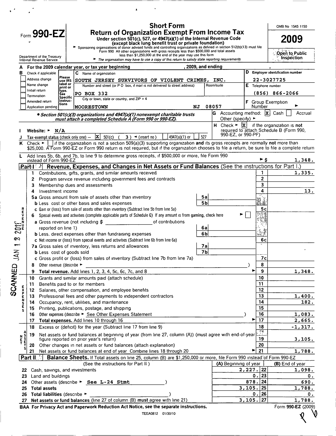 Image of first page of 2009 Form 990EZ for South Jersey Survivors of Violent Crimes