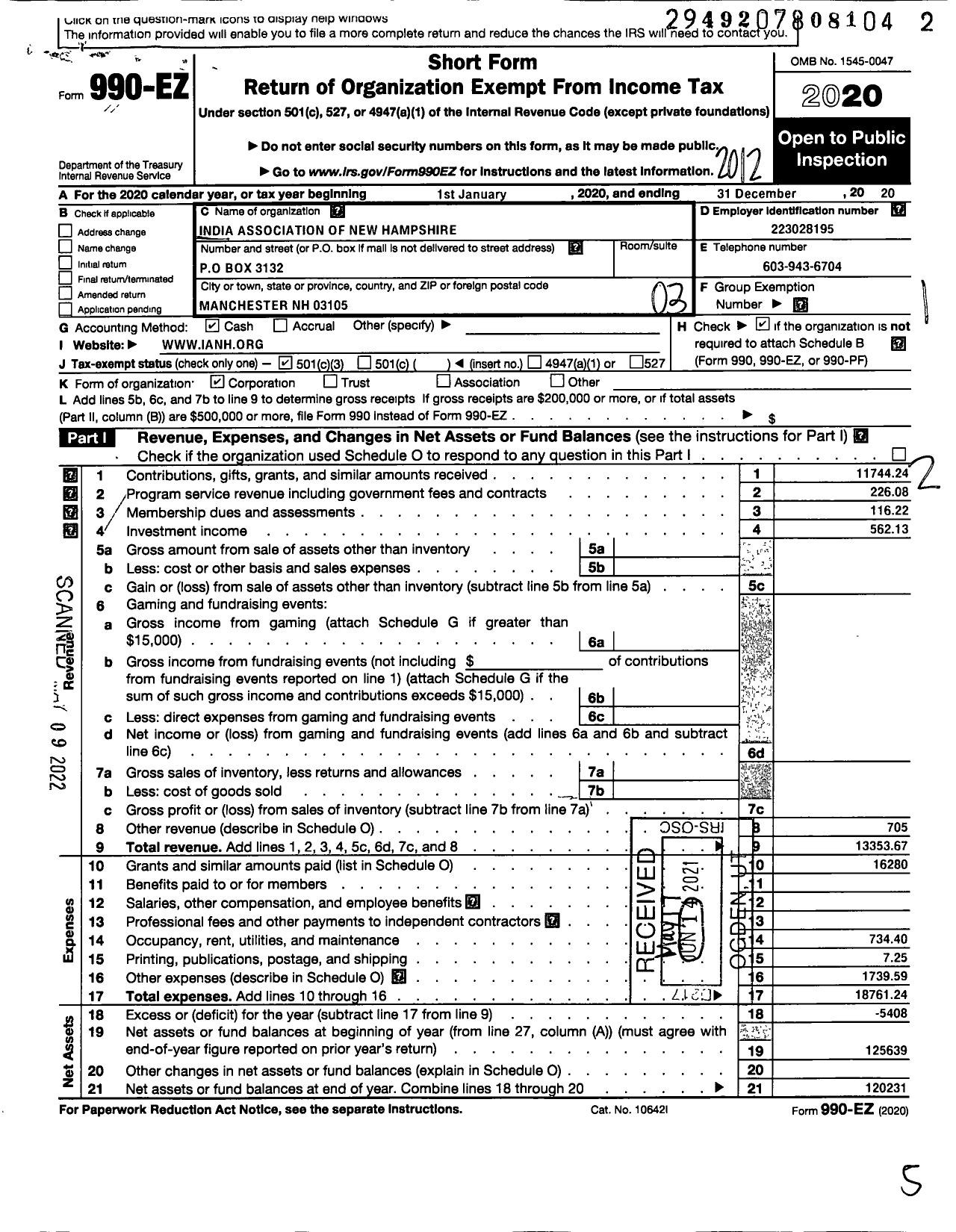 Image of first page of 2020 Form 990EZ for India Association of New Hampshire