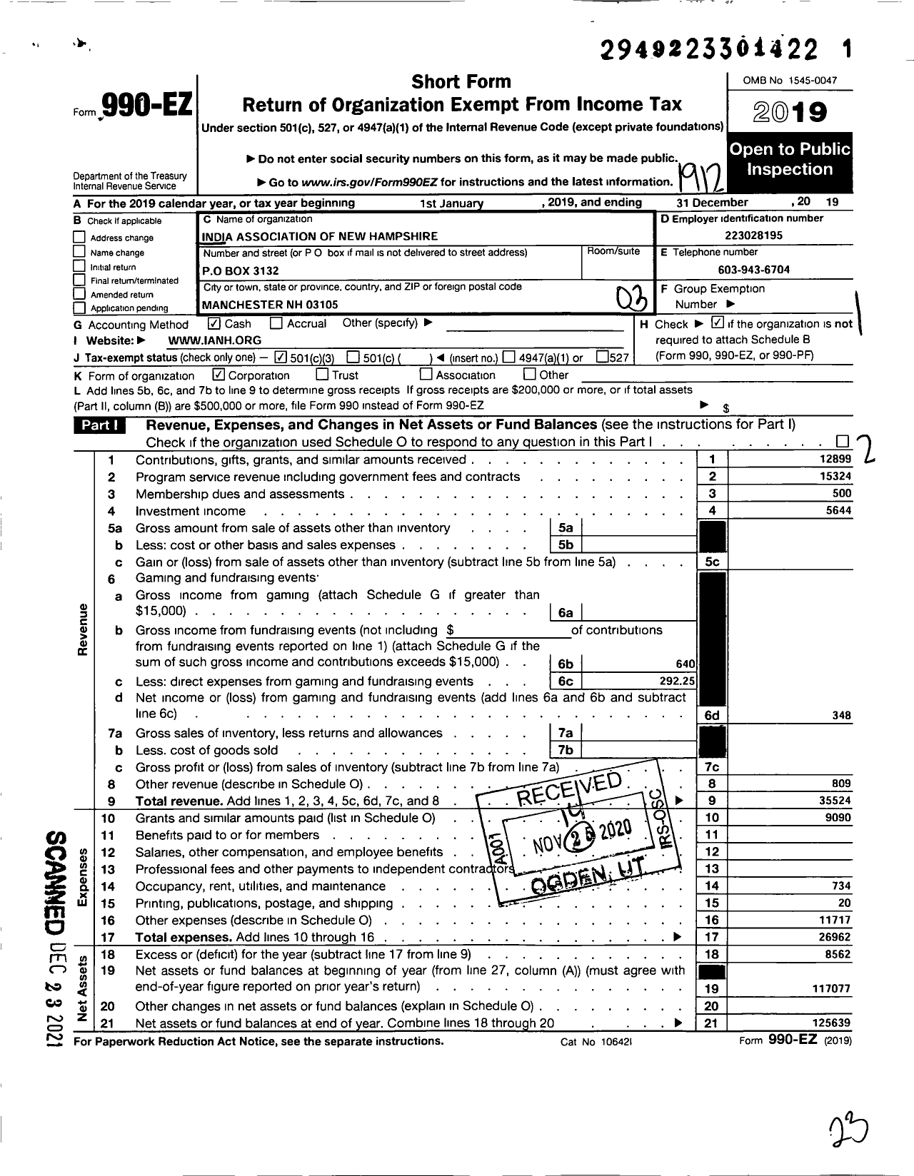 Image of first page of 2019 Form 990EZ for India Association of New Hampshire