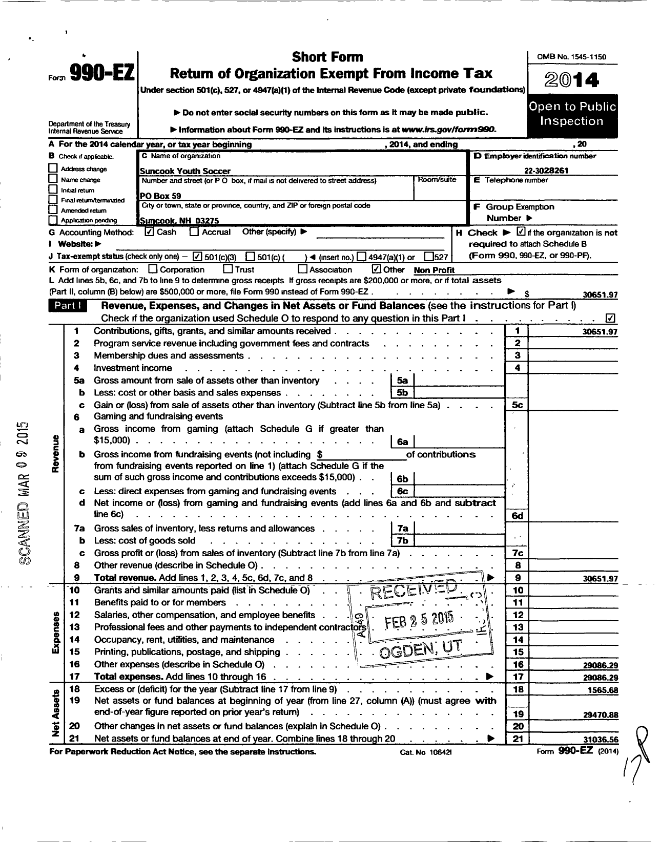 Image of first page of 2014 Form 990EZ for Suncook Youth Soccer