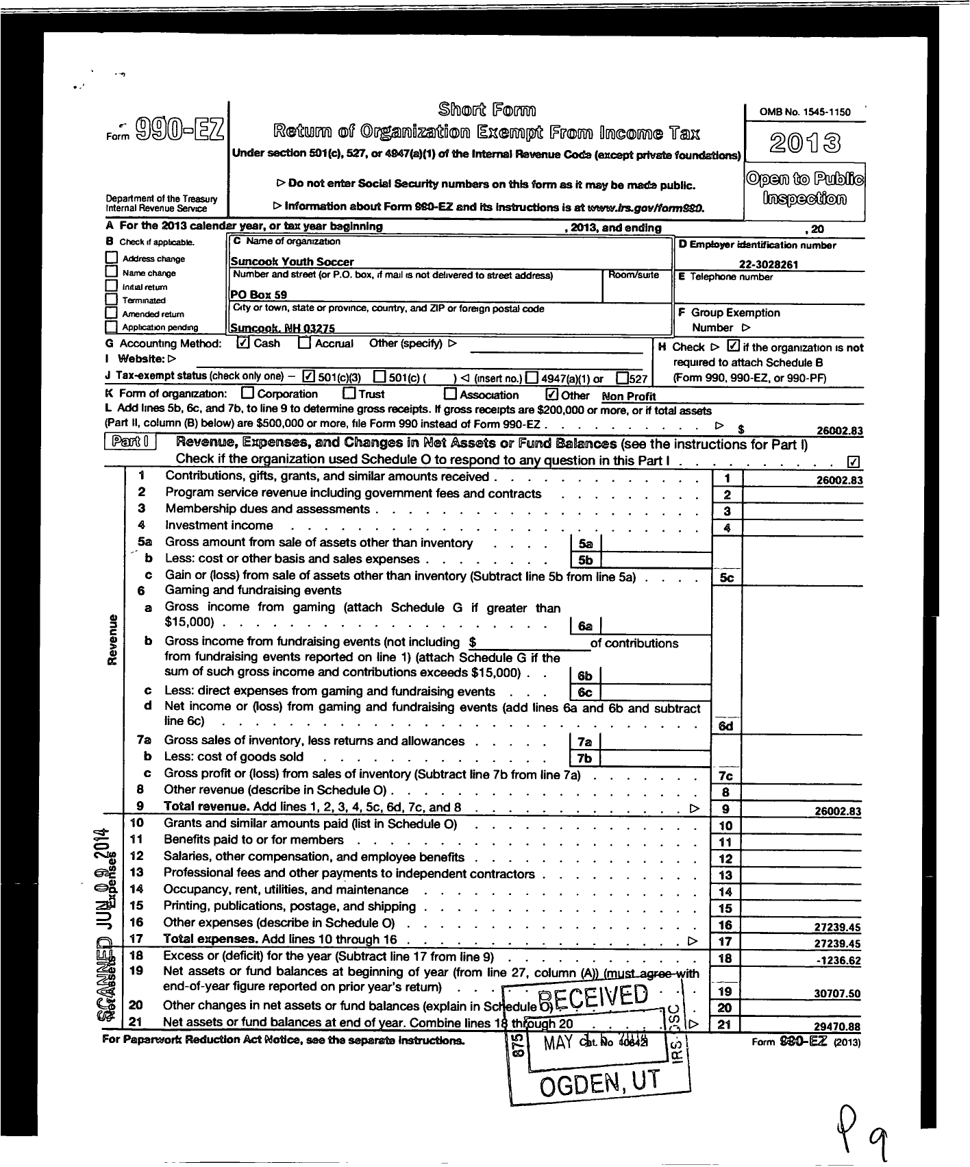 Image of first page of 2013 Form 990EZ for Suncook Youth Soccer