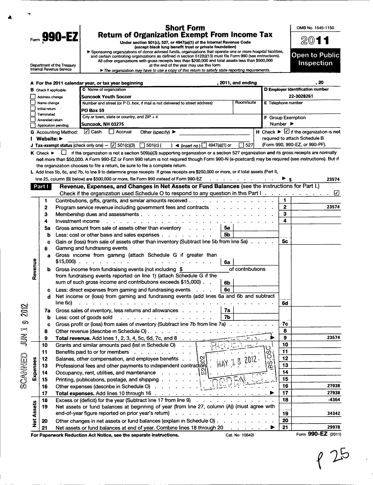 Image of first page of 2011 Form 990EZ for Suncook Youth Soccer