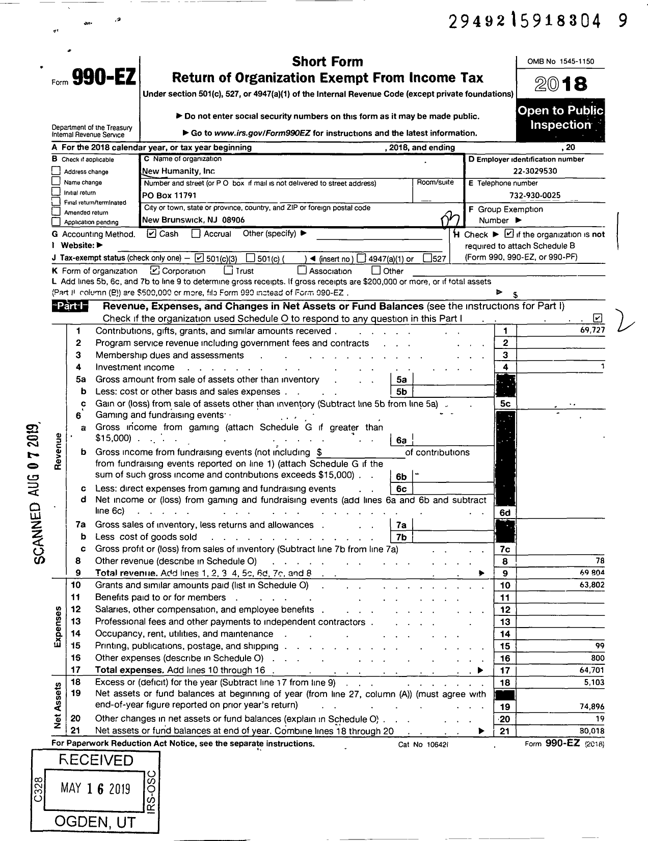 Image of first page of 2018 Form 990EZ for New Humanity