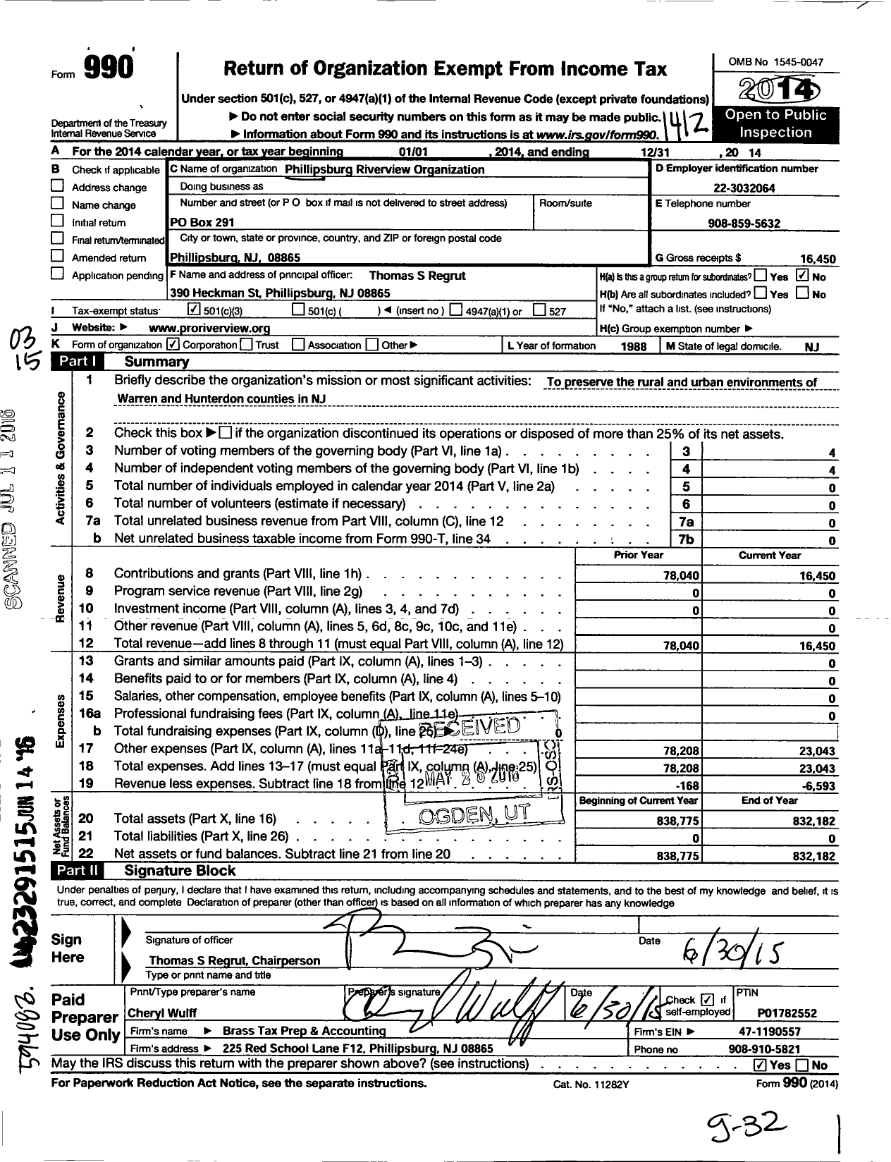 Image of first page of 2014 Form 990 for Phillipsburg Riverview Organization
