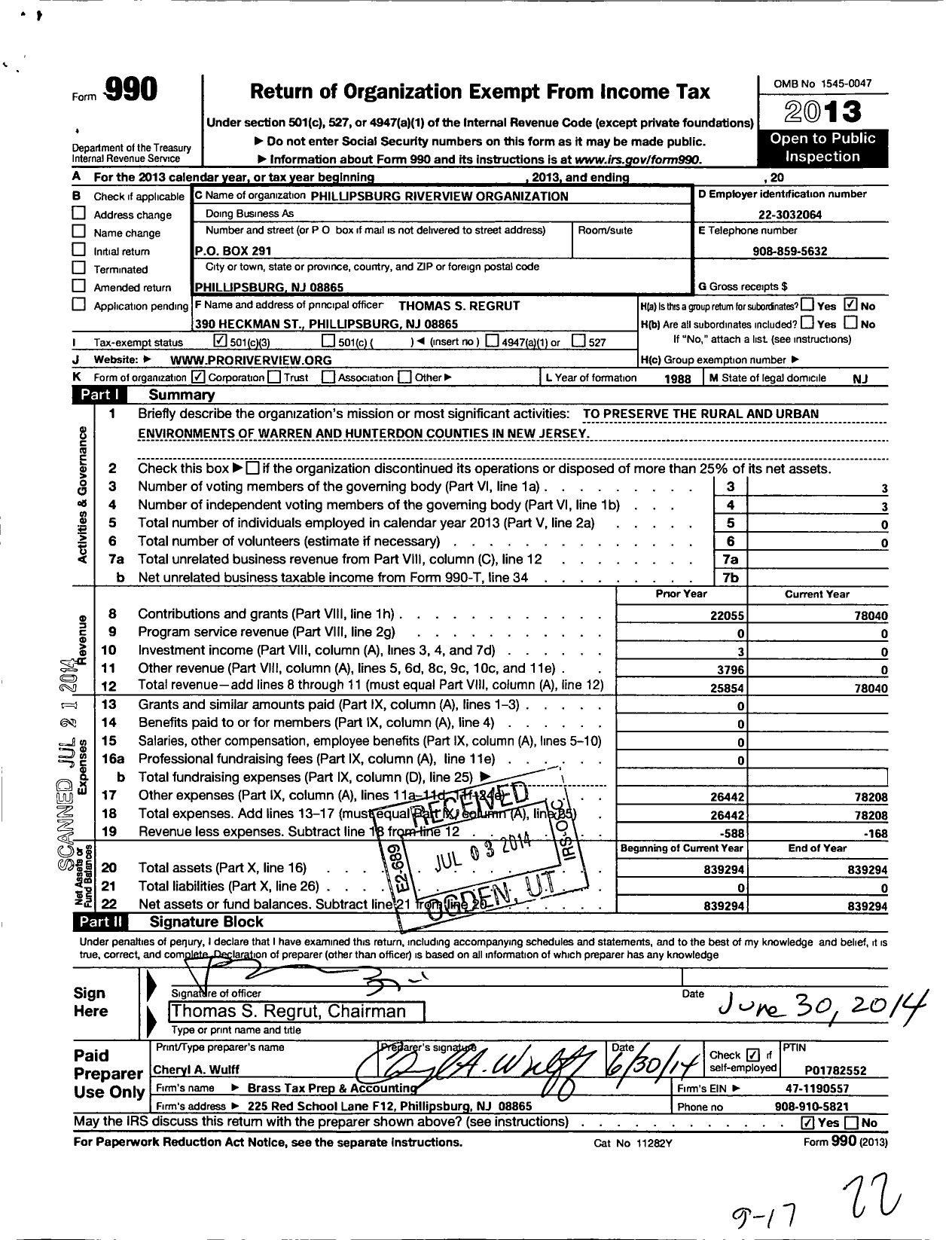 Image of first page of 2013 Form 990 for Phillipsburg Riverview Organization