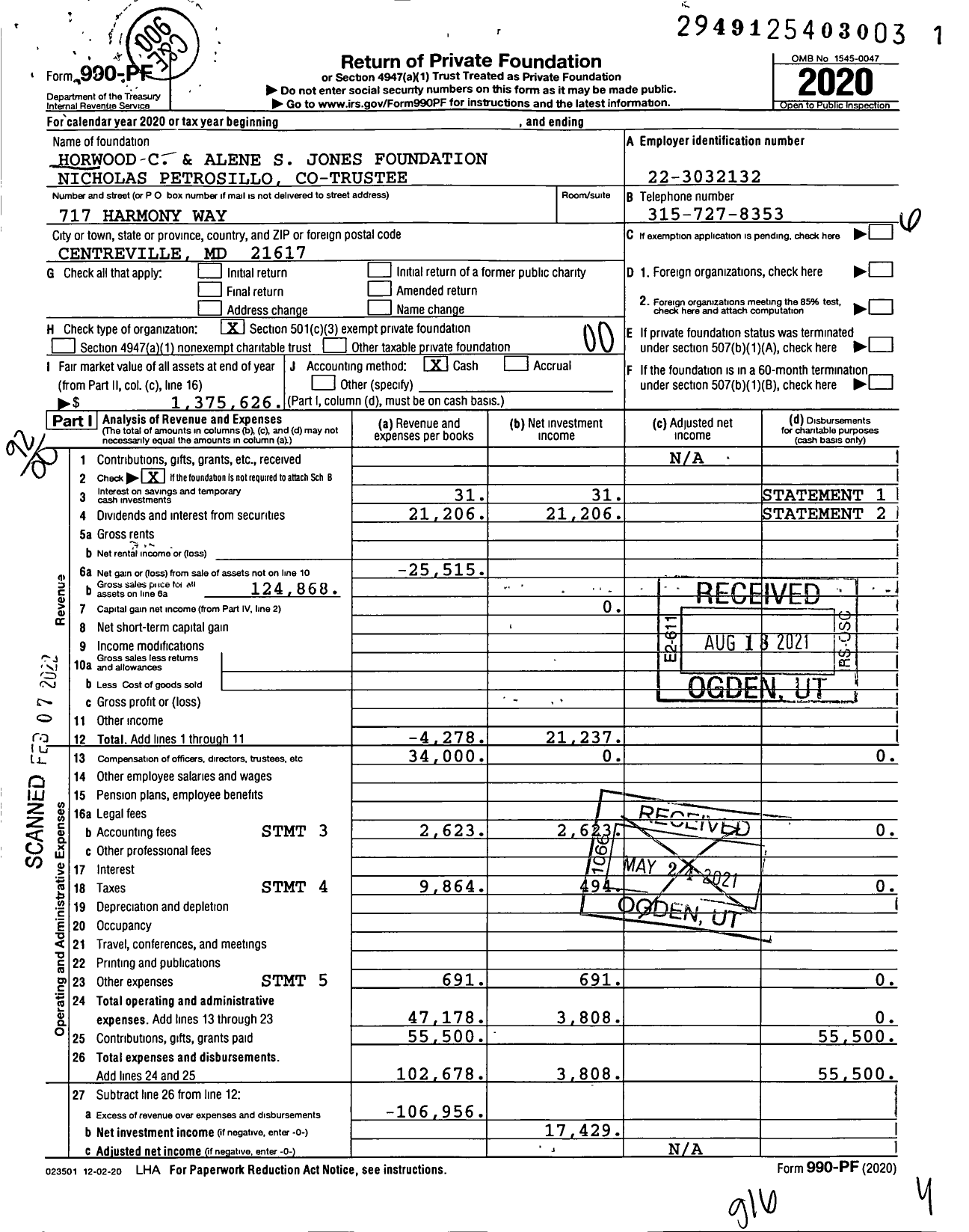 Image of first page of 2020 Form 990PF for Horwood C and Alene S Jones Foundation Nicholas Petrosillo Co-Trustee