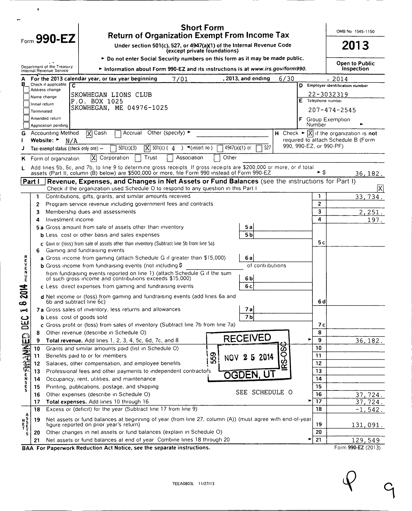 Image of first page of 2013 Form 990EO for Lions Clubs - Skowhegan Lions Club