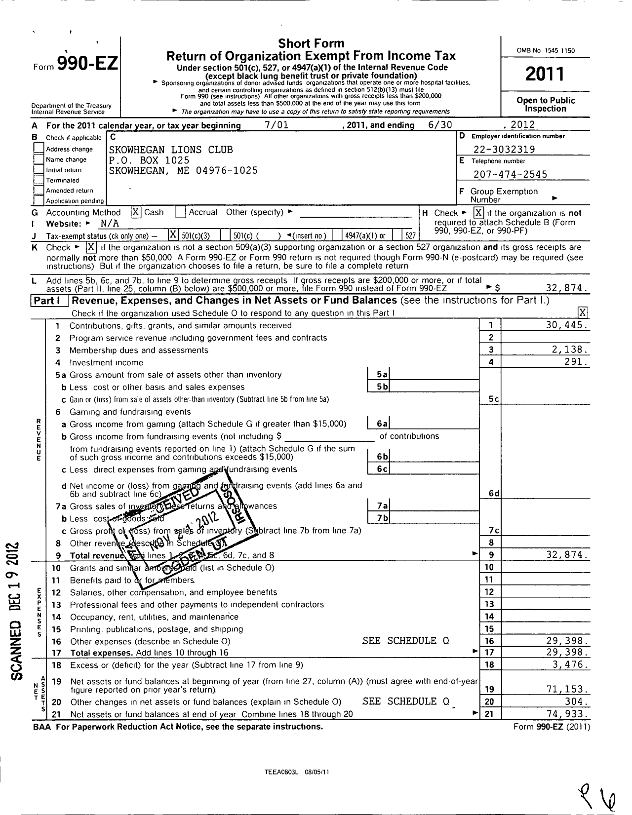 Image of first page of 2011 Form 990EZ for Lions Clubs - Skowhegan Lions Club