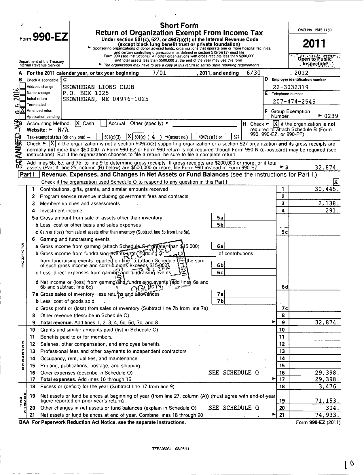 Image of first page of 2011 Form 990EO for Lions Clubs - Skowhegan Lions Club