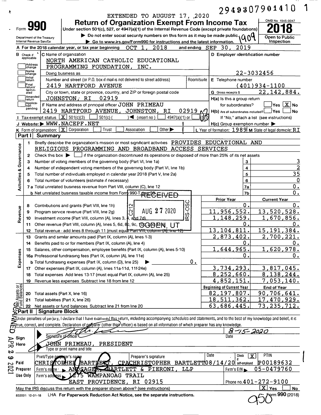 Image of first page of 2018 Form 990 for North American Catholic Educational Programming Foundation (NACEPF)