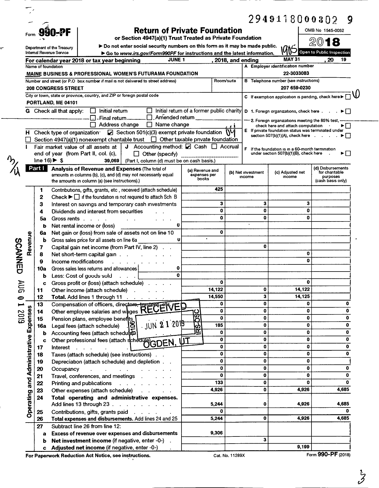 Image of first page of 2018 Form 990PF for Maine Business and Professional Womens Futurama