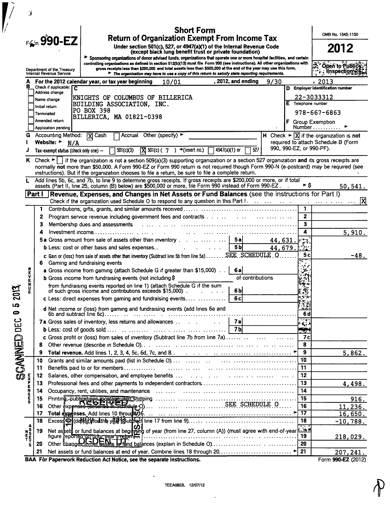 Image of first page of 2012 Form 990EO for Knights of Columbus of Billerica Building Association