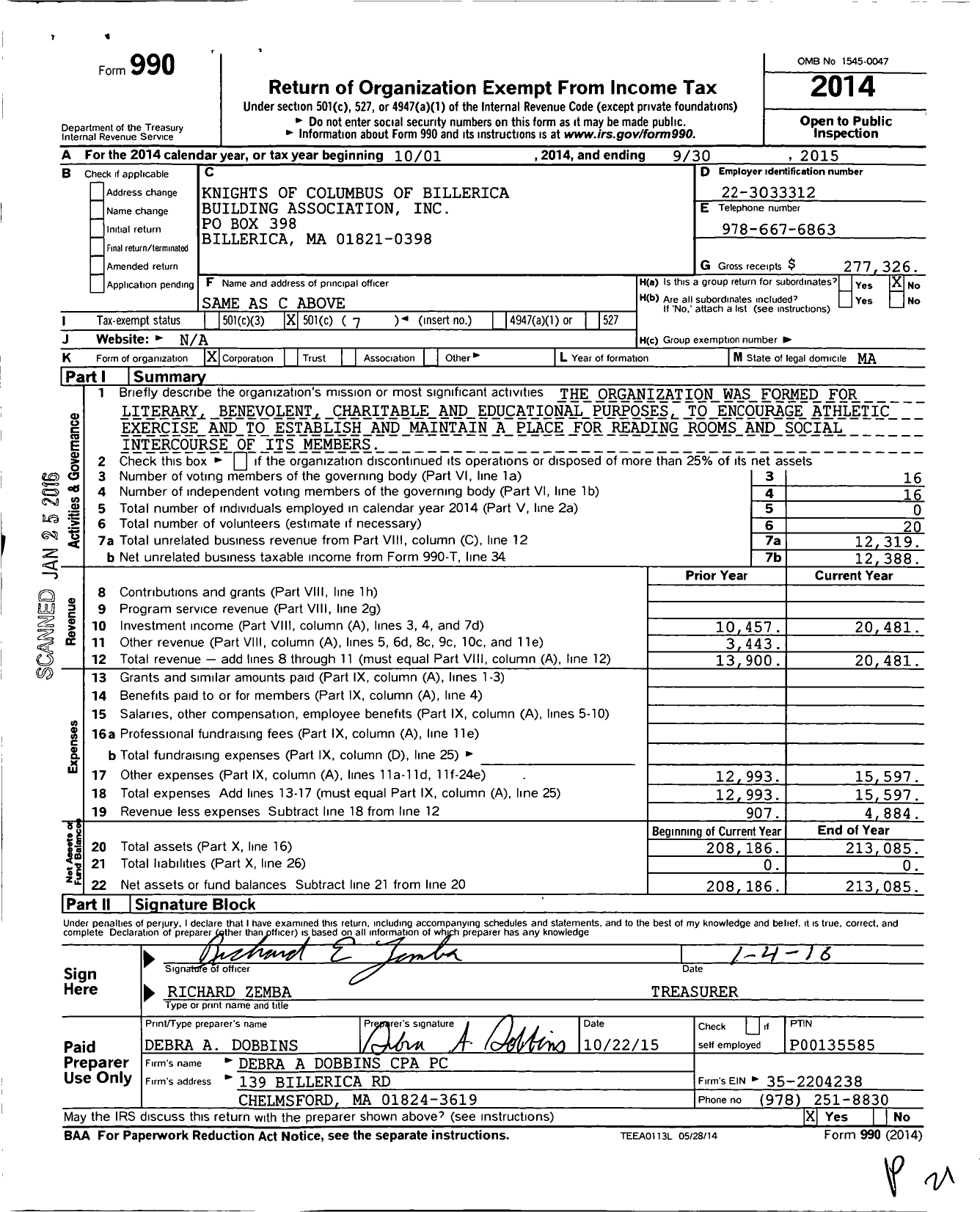 Image of first page of 2014 Form 990O for Knights of Columbus of Billerica Building Association