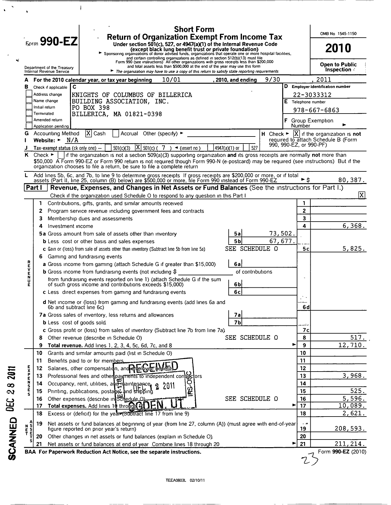 Image of first page of 2010 Form 990EO for Knights of Columbus of Billerica Building Association