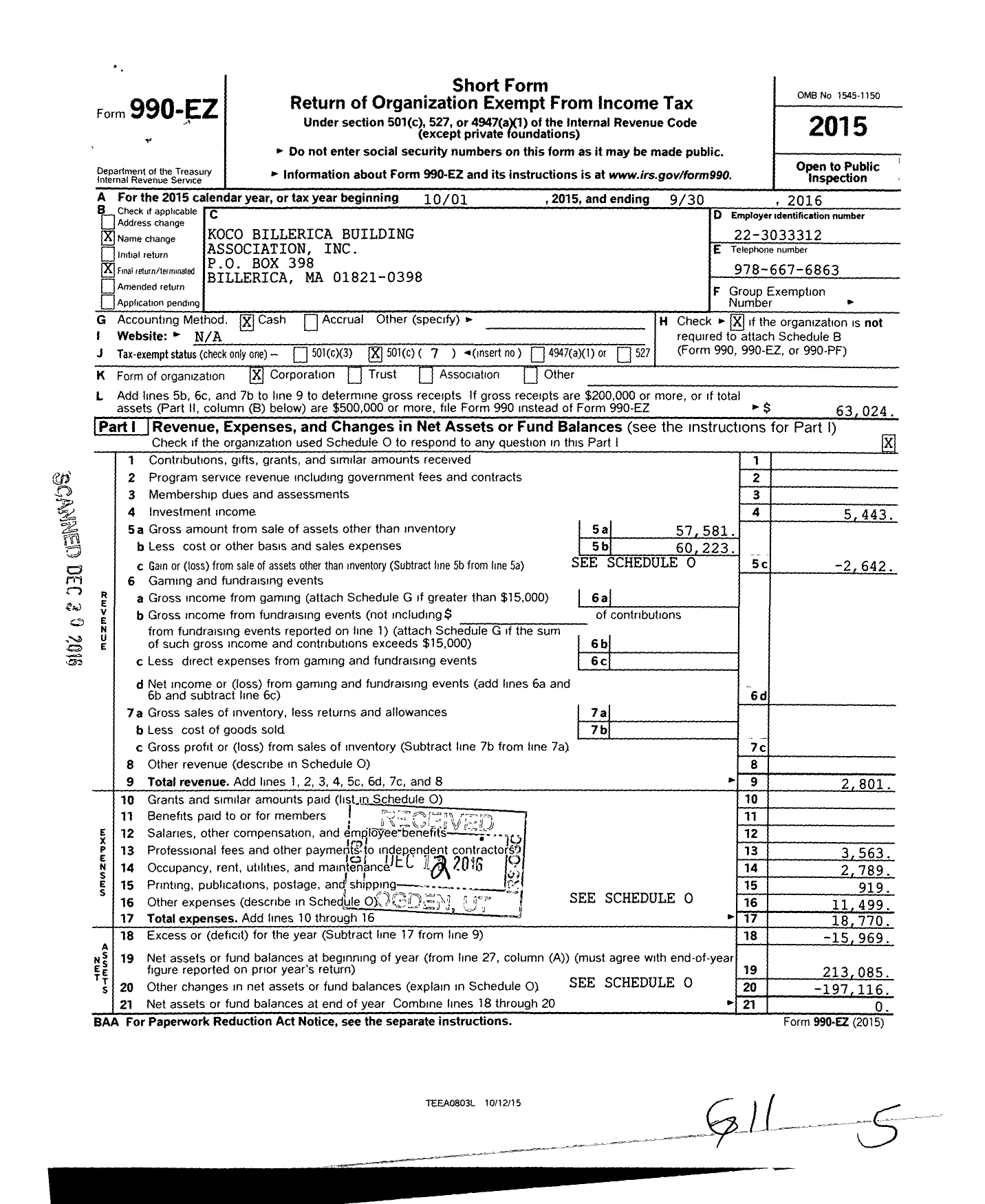 Image of first page of 2015 Form 990EO for Knights of Columbus of Billerica Building Association