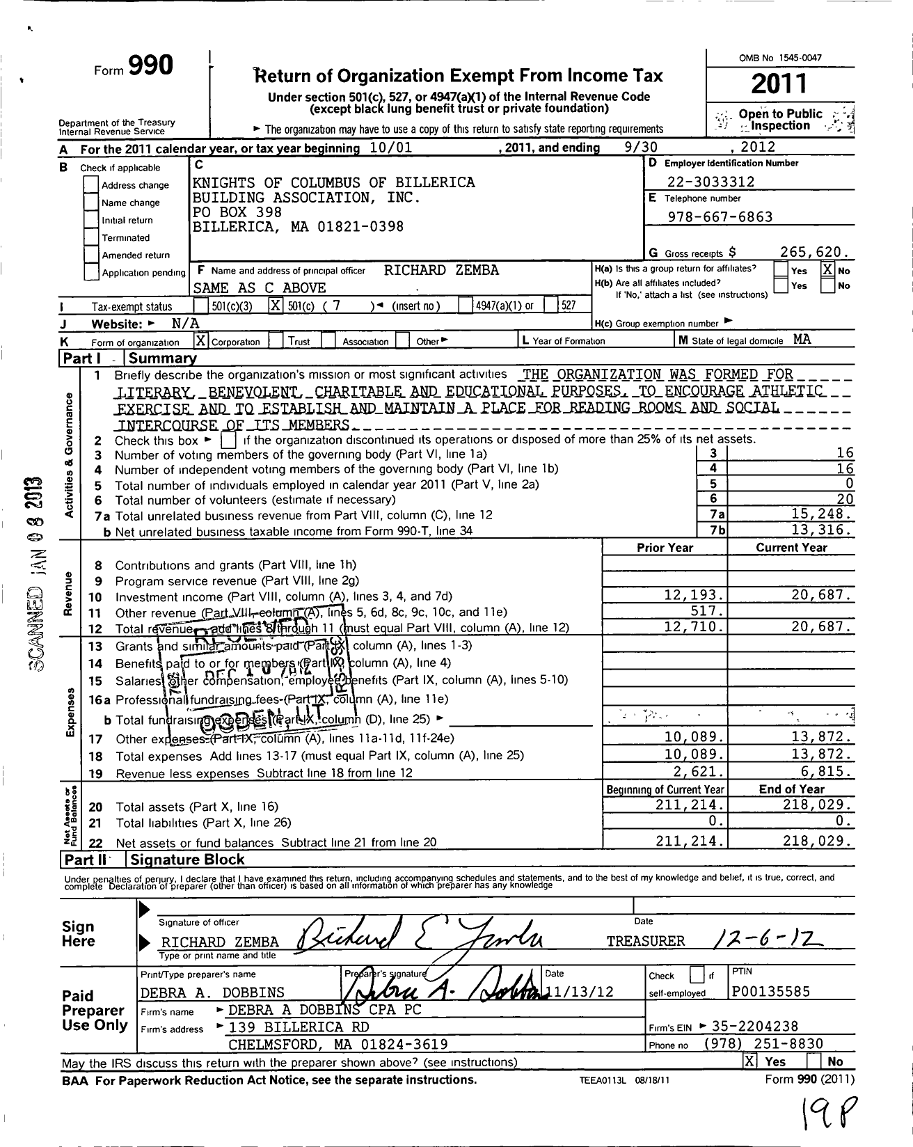 Image of first page of 2011 Form 990O for Knights of Columbus of Billerica Building Association