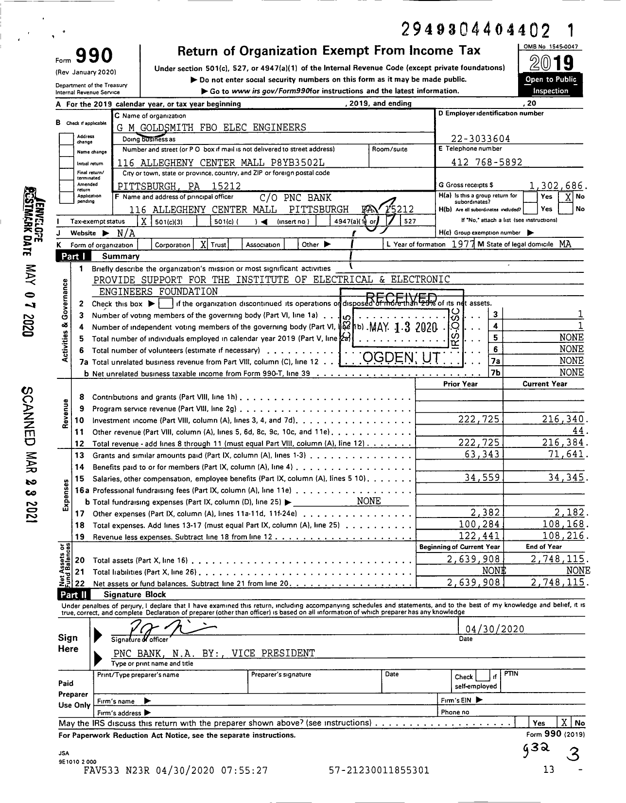 Image of first page of 2019 Form 990 for G M Goldsmith Fbo Elec Engineers