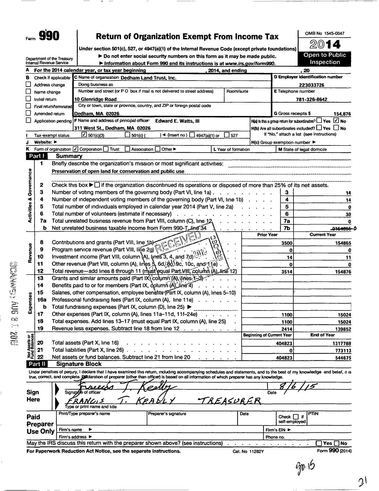 Image of first page of 2014 Form 990 for Dedham Land Trust