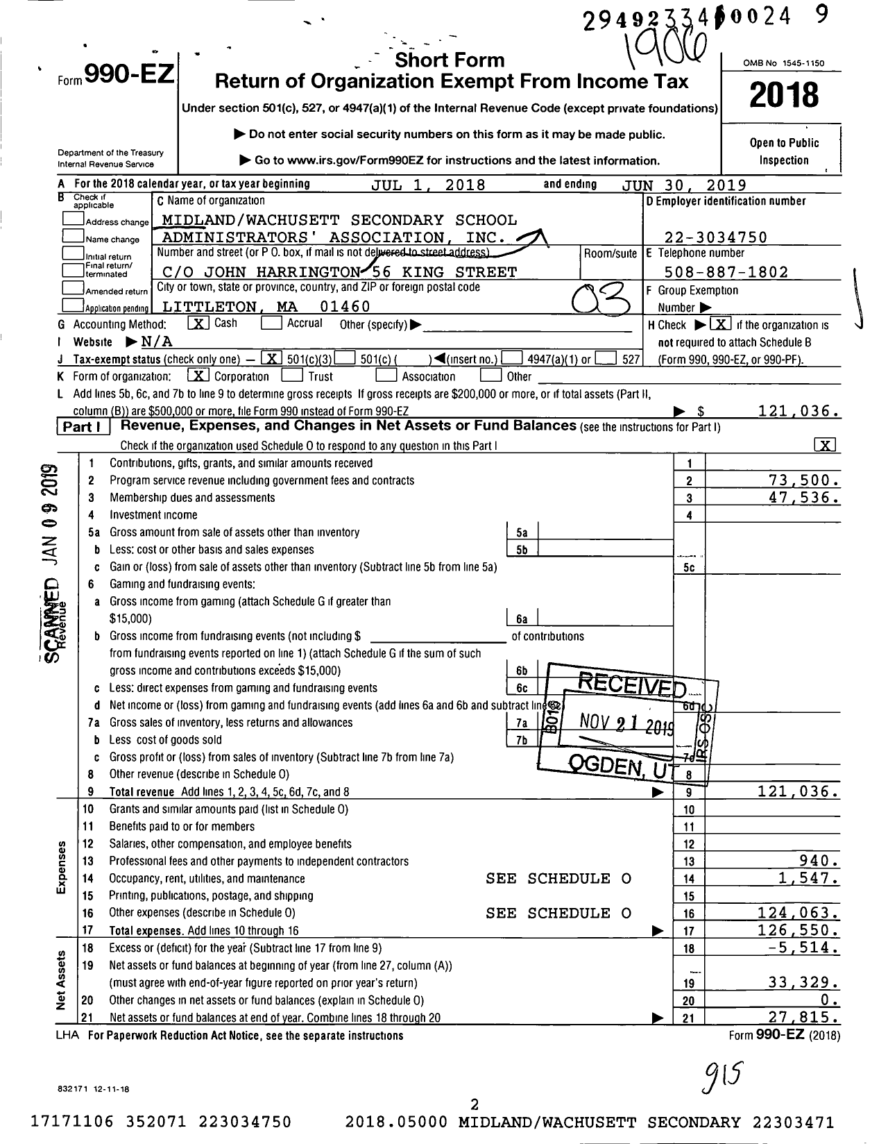 Image of first page of 2018 Form 990EZ for Midlandwachusett Secondary School Administrators' Association