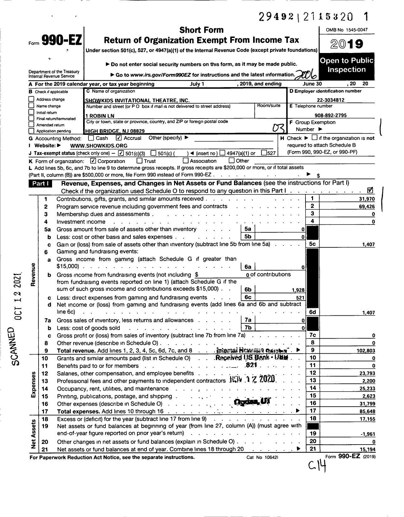 Image of first page of 2019 Form 990EZ for Showkids Invitational Theater