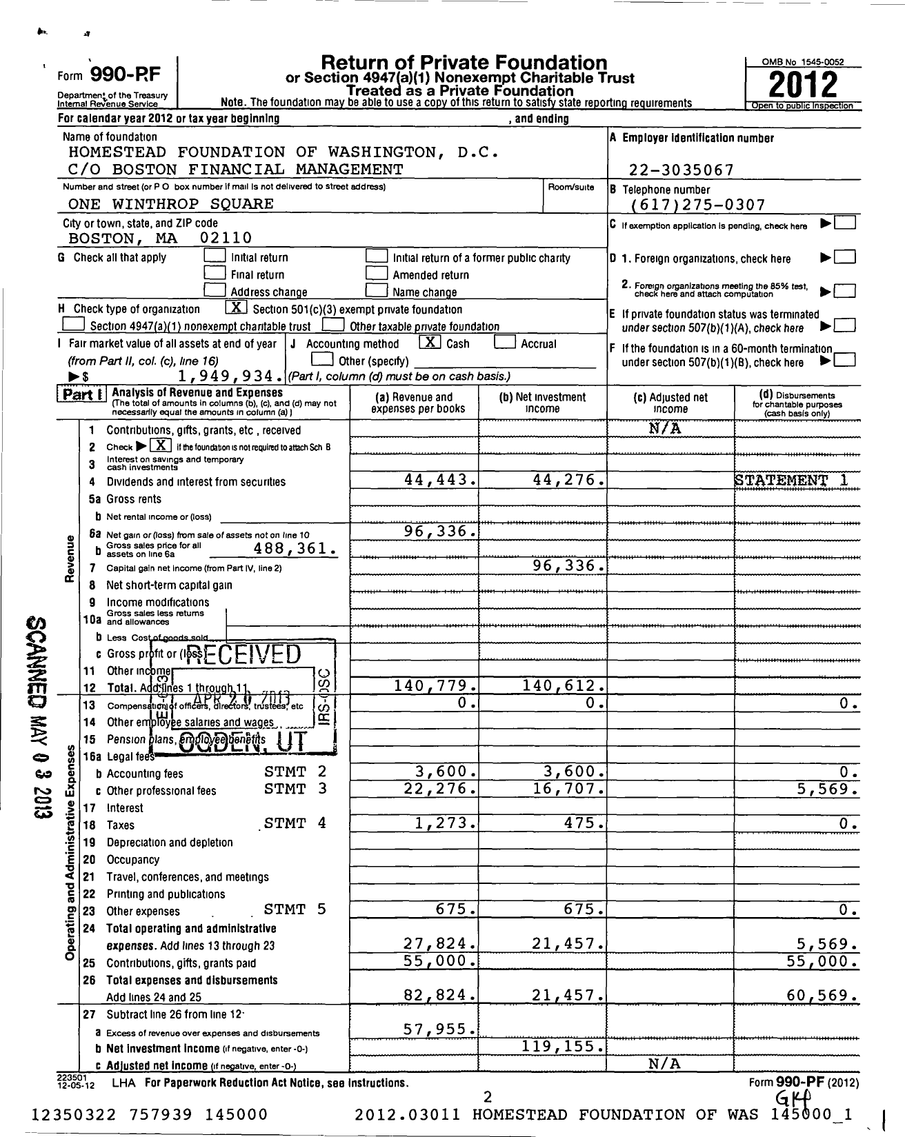 Image of first page of 2012 Form 990PF for Homestead Foundation of Washington D C