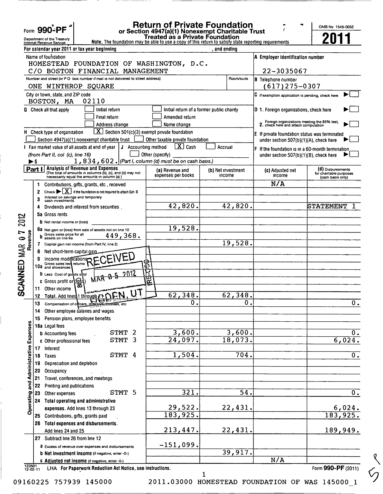 Image of first page of 2011 Form 990PF for Homestead Foundation of Washington D C