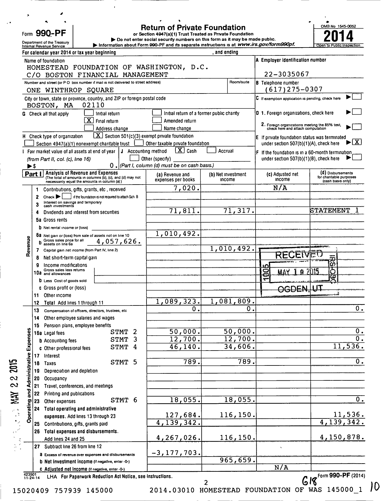 Image of first page of 2014 Form 990PF for Homestead Foundation of Washington D C