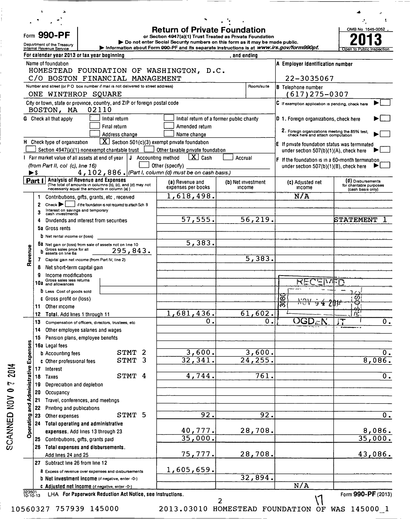 Image of first page of 2013 Form 990PF for Homestead Foundation of Washington D C