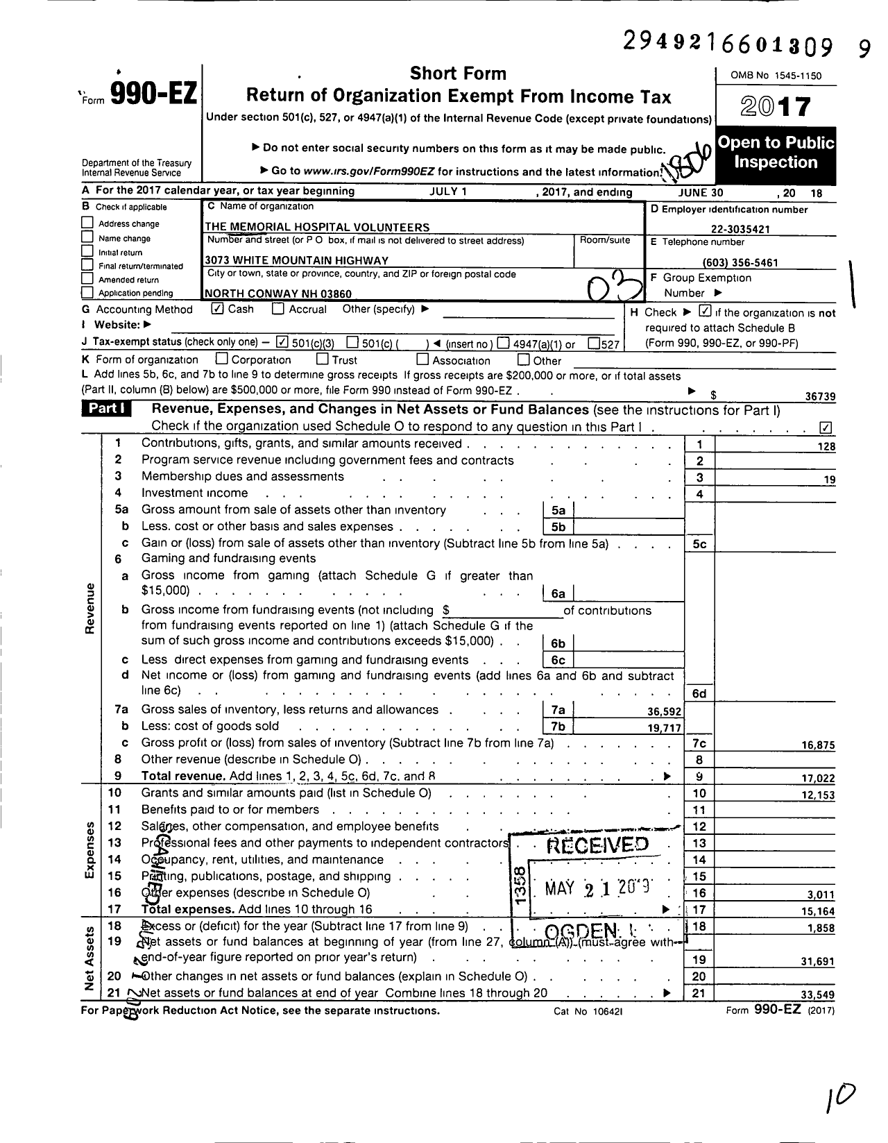 Image of first page of 2017 Form 990EZ for The Memorial Hospital Volunteers