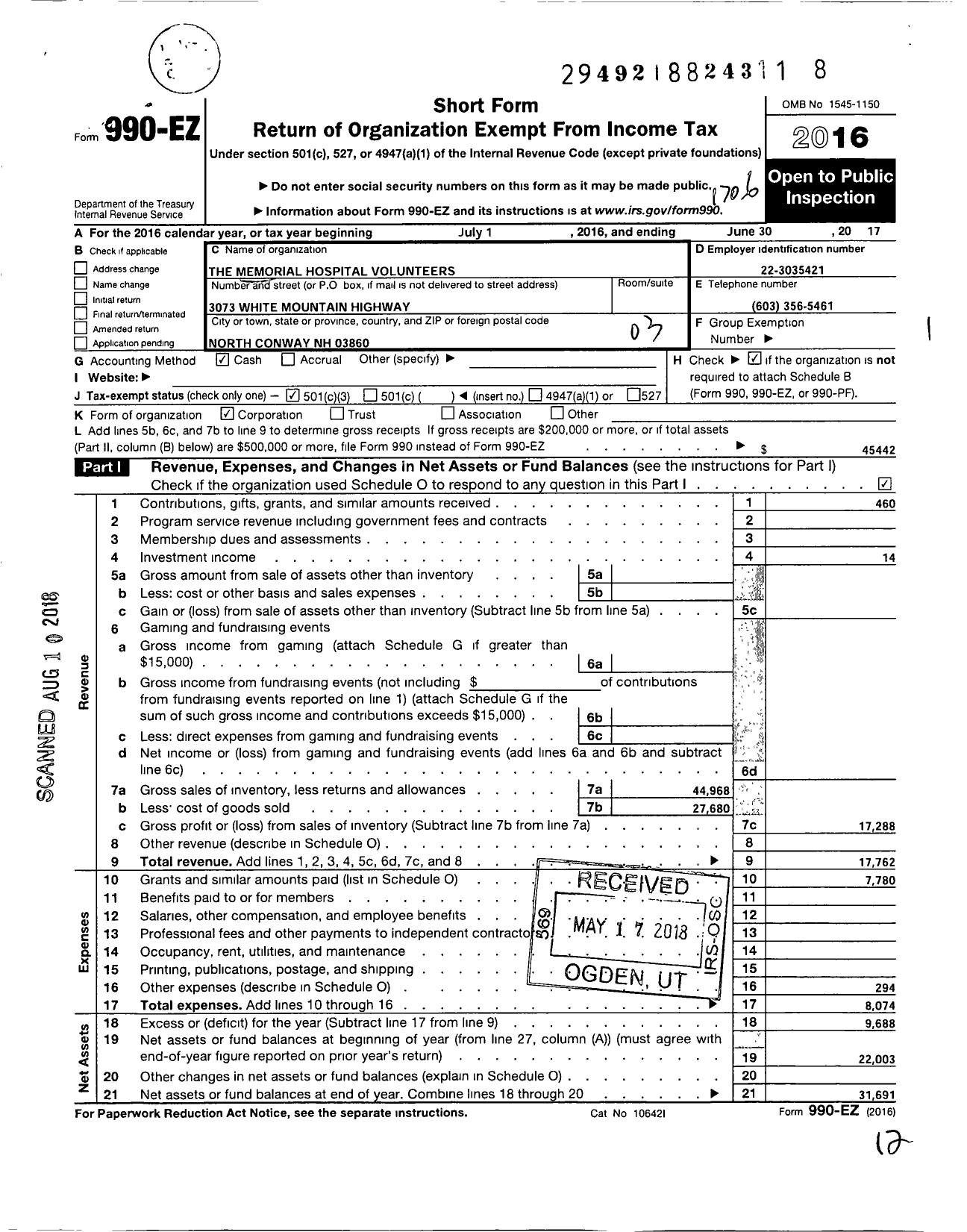 Image of first page of 2016 Form 990EZ for The Memorial Hospital Volunteers