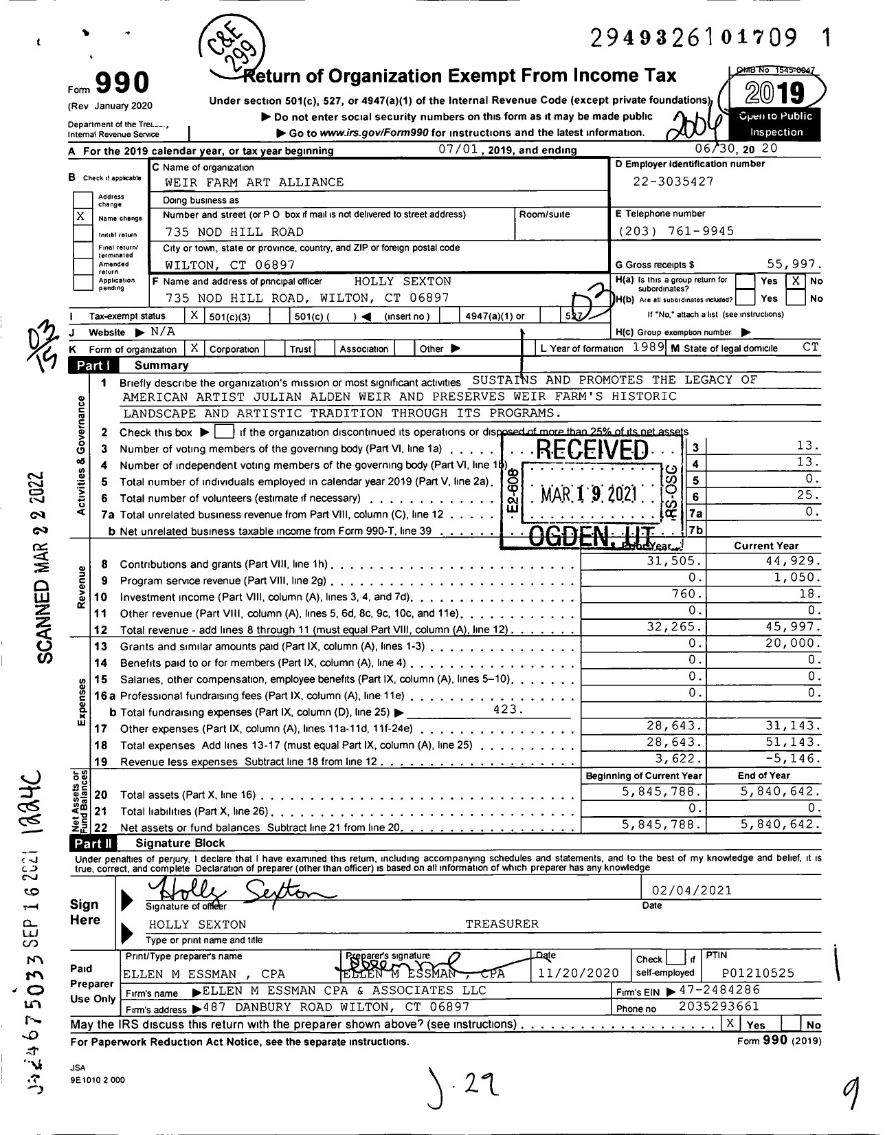 Image of first page of 2019 Form 990 for Weir Farm Art Alliance