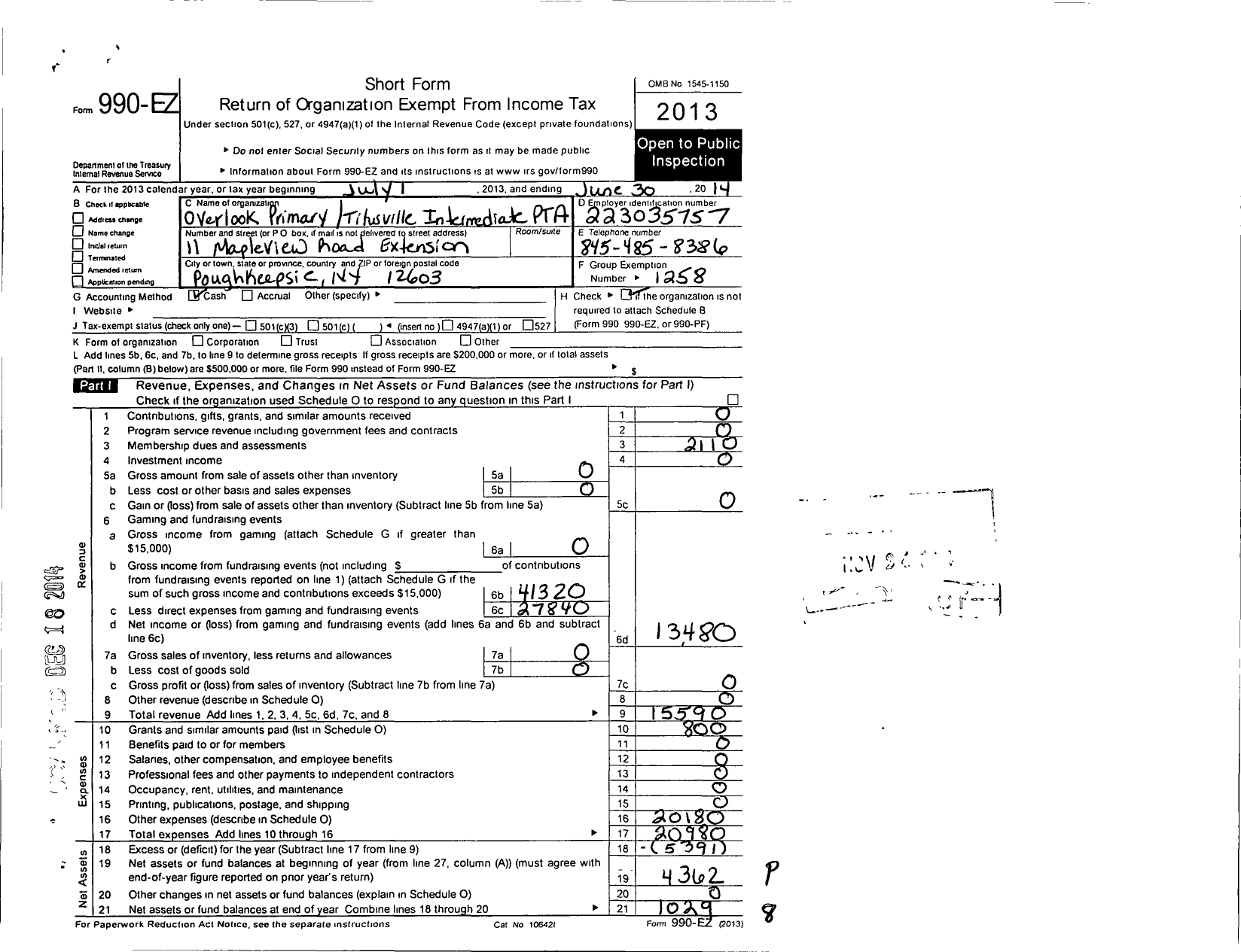 Image of first page of 2013 Form 990EO for New York State PTA - 17-055 Overlook Primary Titusville