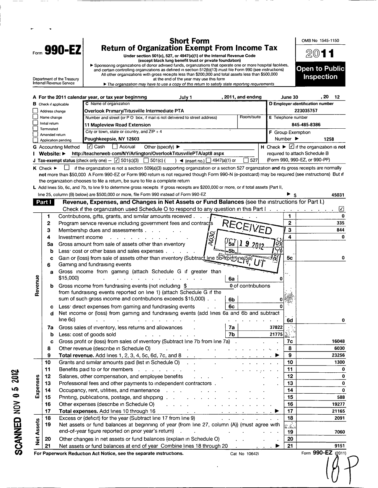 Image of first page of 2011 Form 990EZ for New York State PTA - 17-055 Overlook Primary Titusville