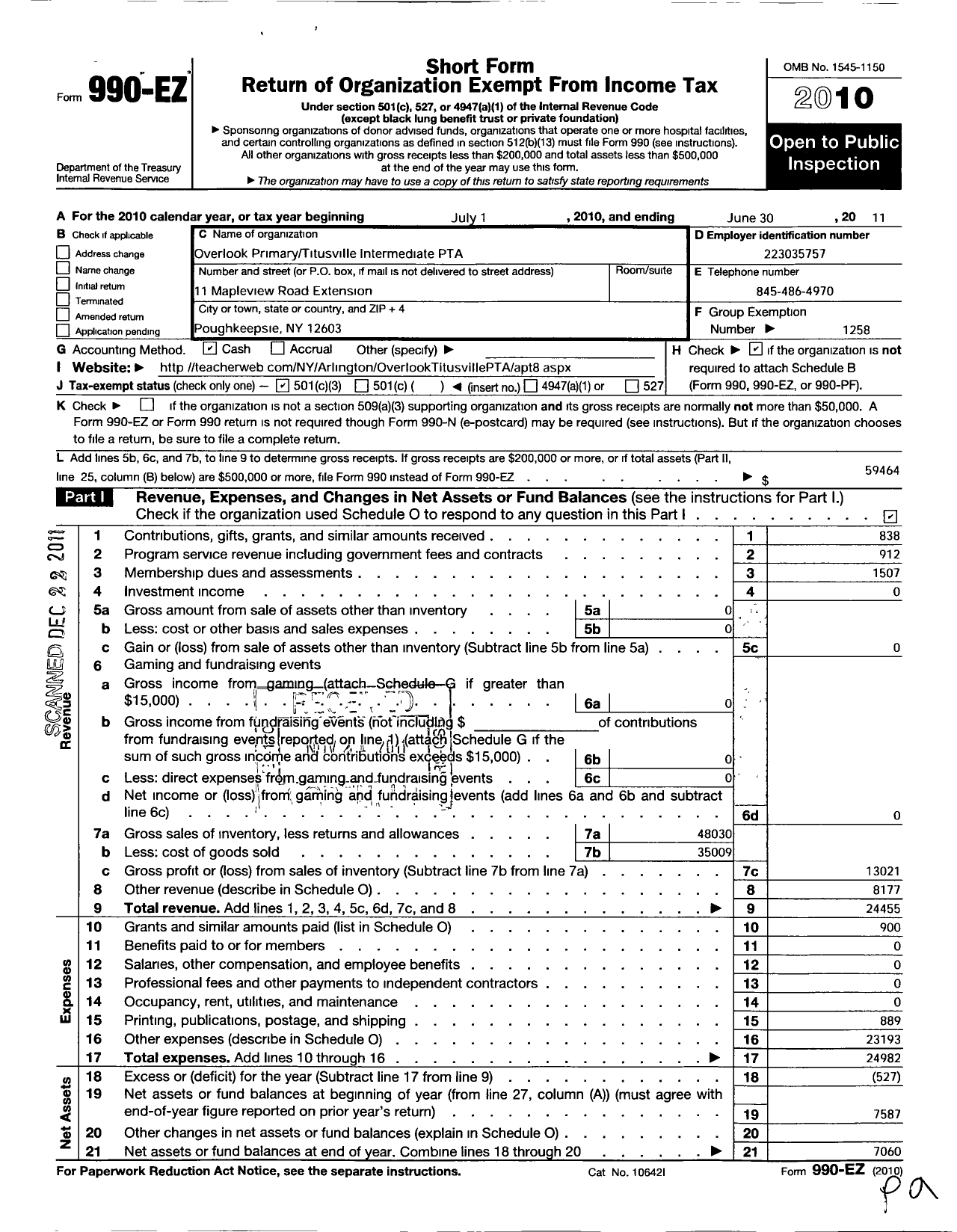 Image of first page of 2010 Form 990EZ for New York State PTA - 17-055 Overlook Primary Titusville