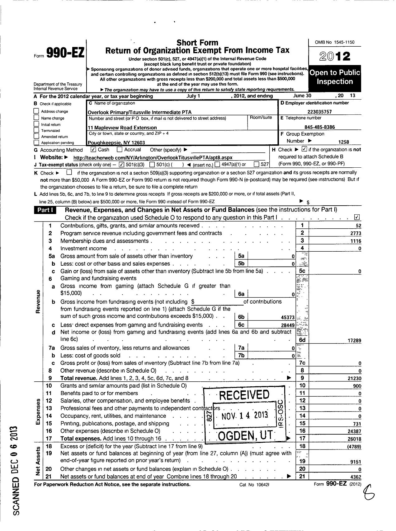 Image of first page of 2012 Form 990EZ for New York State PTA - 17-055 Overlook Primary Titusville