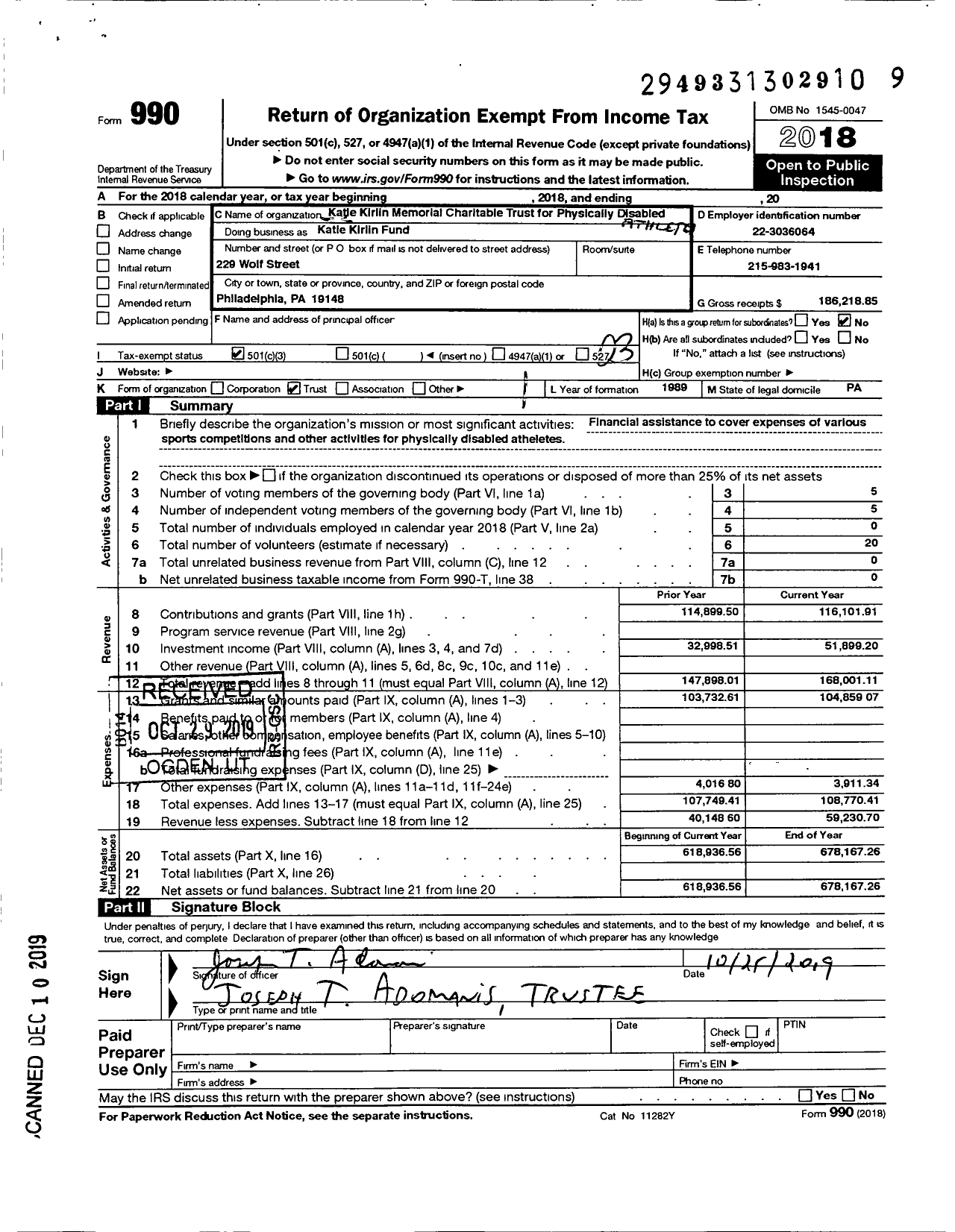 Image of first page of 2018 Form 990 for Katie Kirlin Charitable Trust for Physically Disabled Athletes