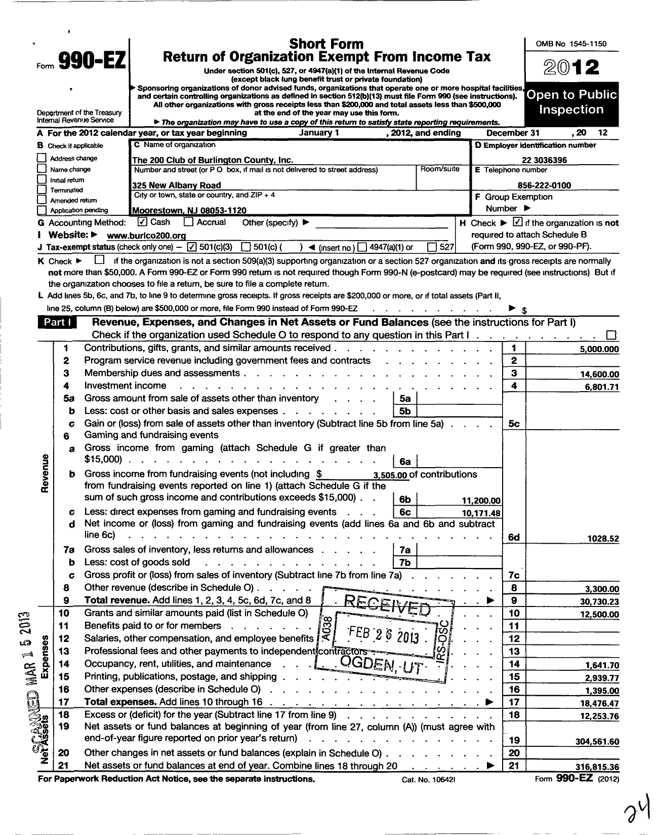 Image of first page of 2012 Form 990EZ for 200 Club Burlington County