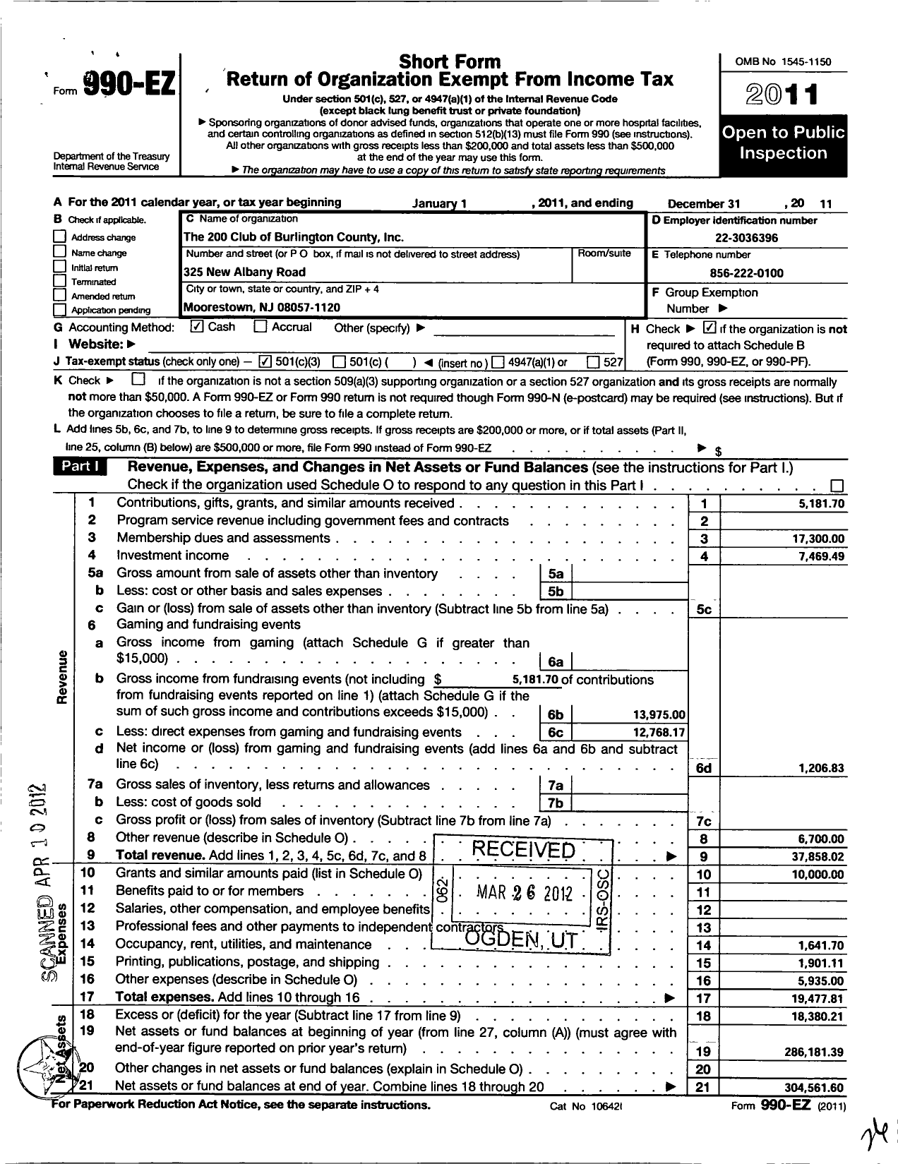 Image of first page of 2011 Form 990EZ for 200 Club Burlington County