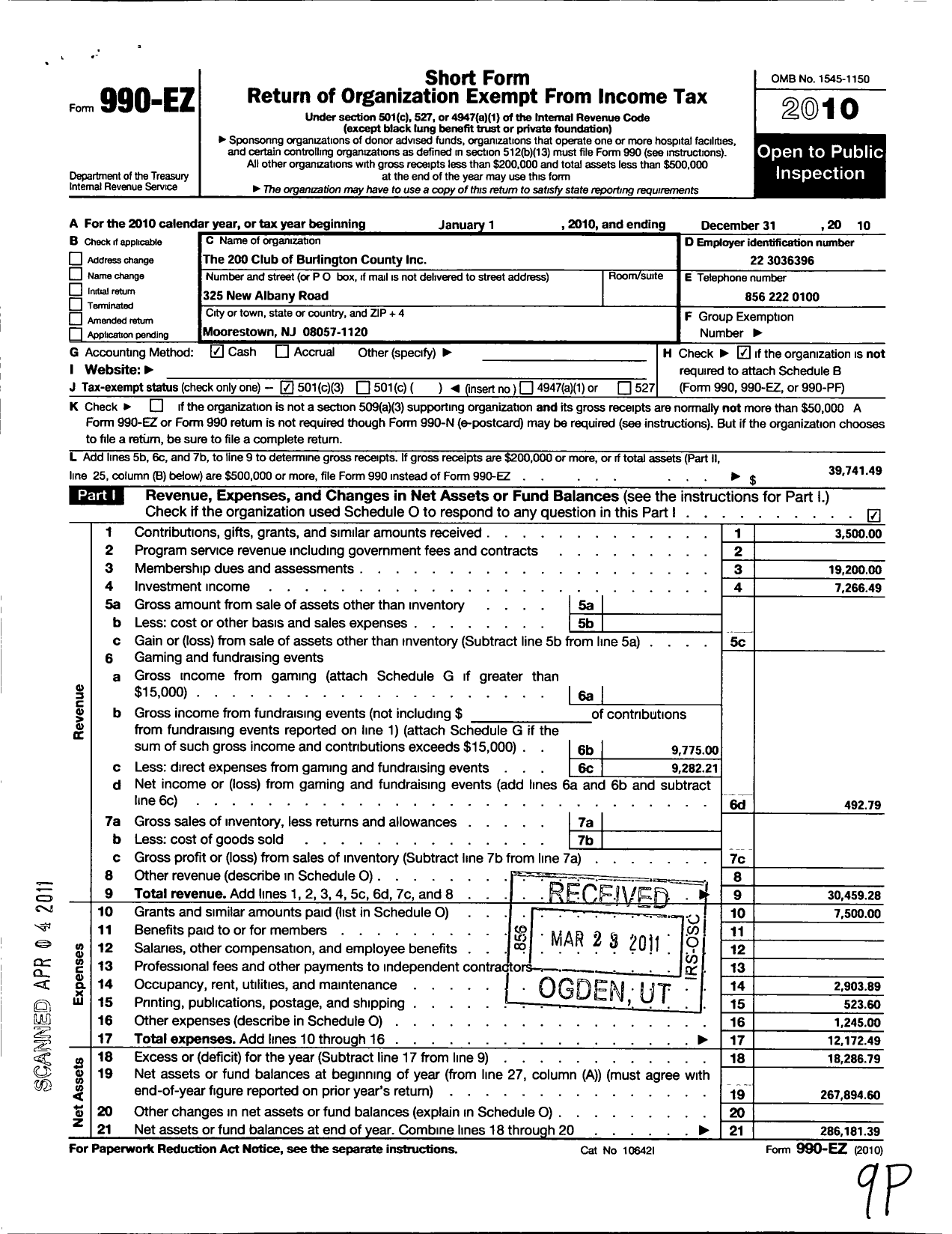 Image of first page of 2010 Form 990EZ for 200 Club Burlington County