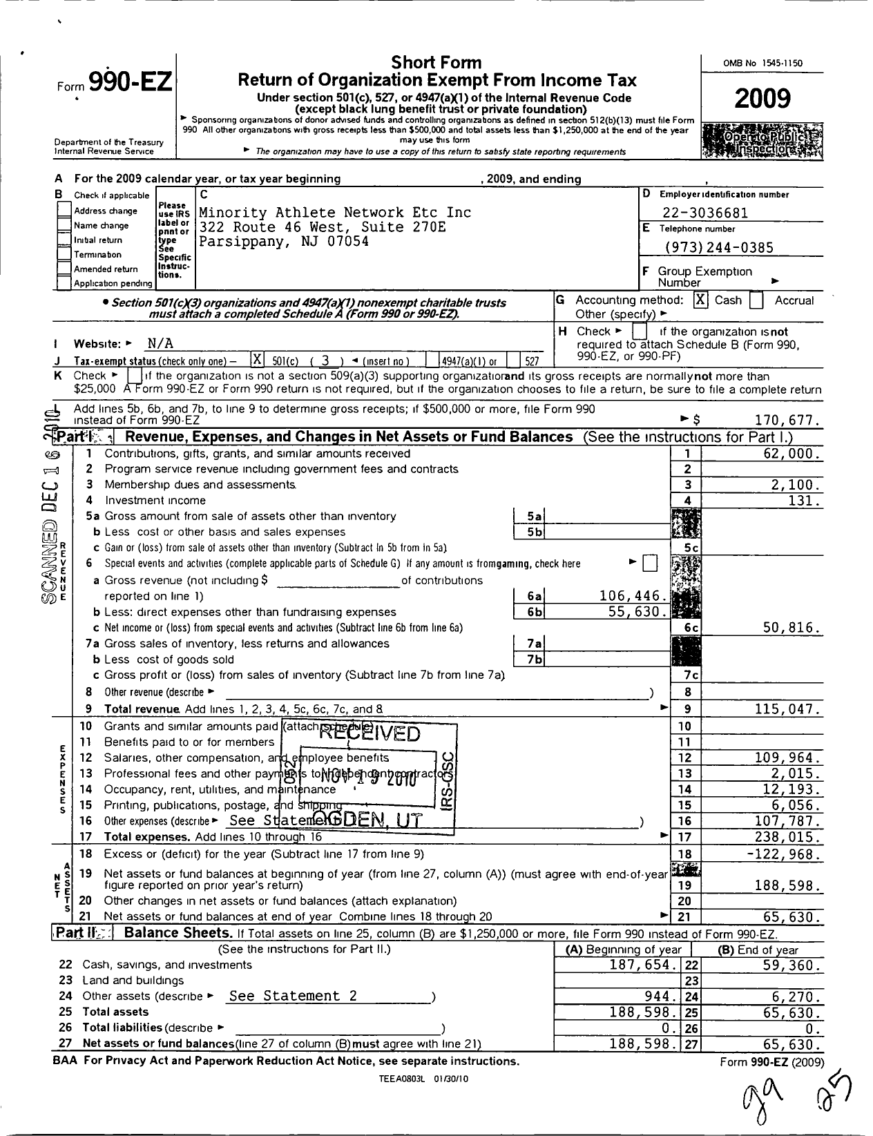 Image of first page of 2009 Form 990EZ for Minority Athlete Network Etc