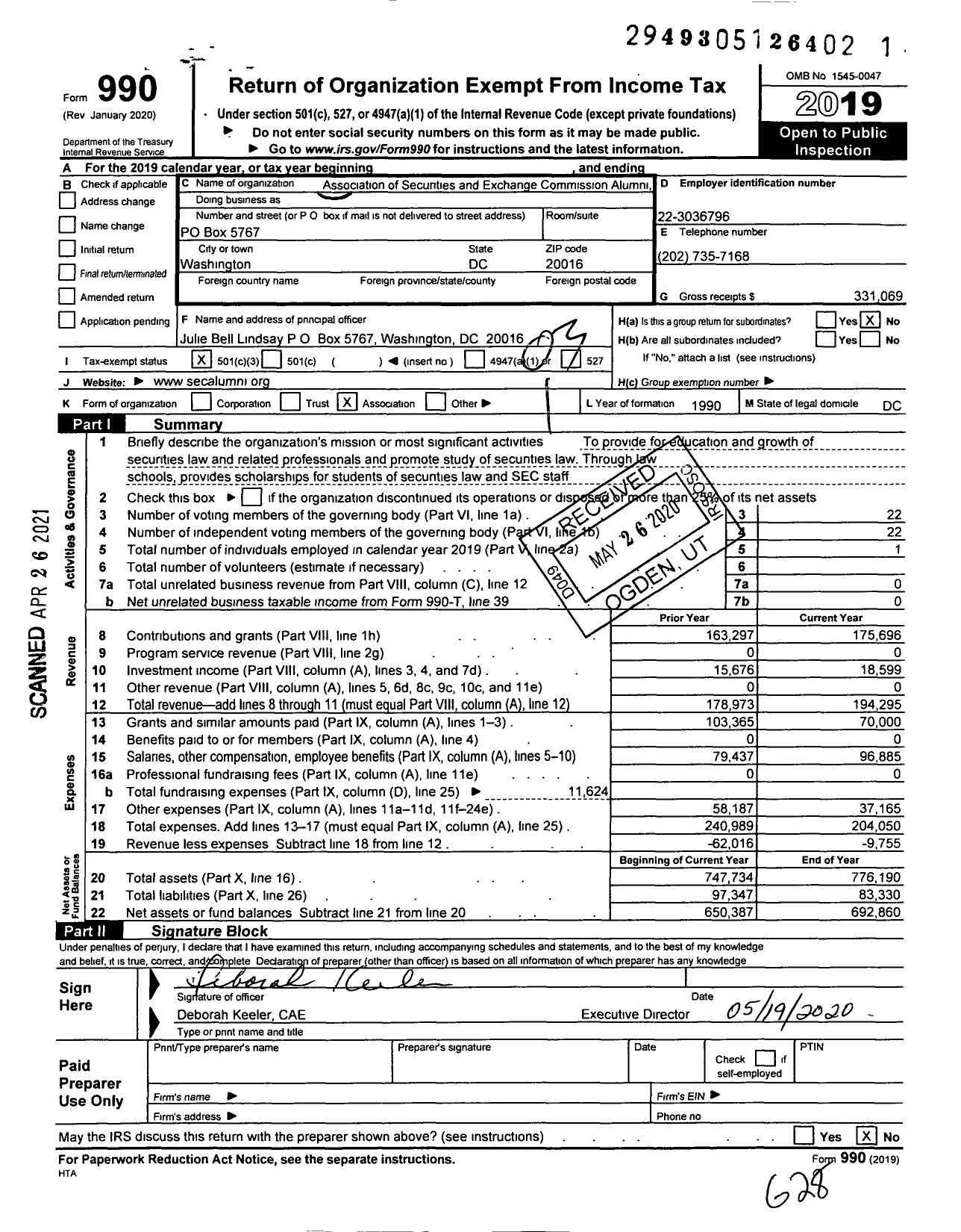 Image of first page of 2019 Form 990 for Association of Securities Exchange Commission Alum