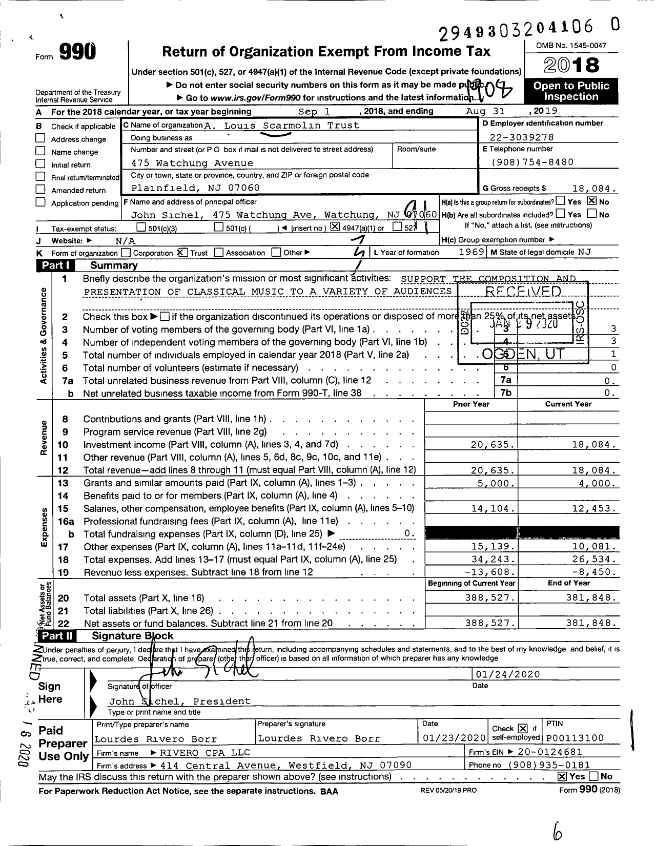 Image of first page of 2018 Form 990O for A Louis Scarmolin Trust