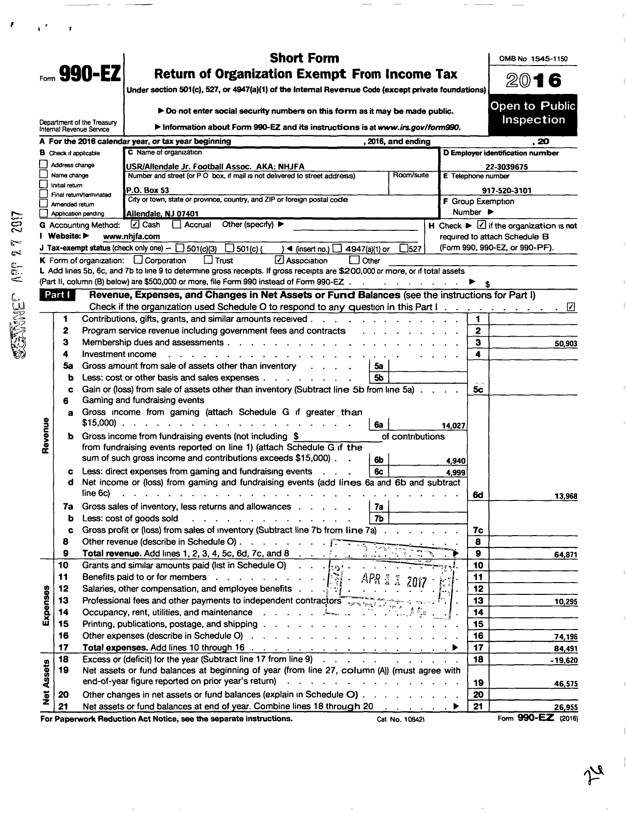 Image of first page of 2016 Form 990EO for Upper Saddle River-Allendale Junior Football Association