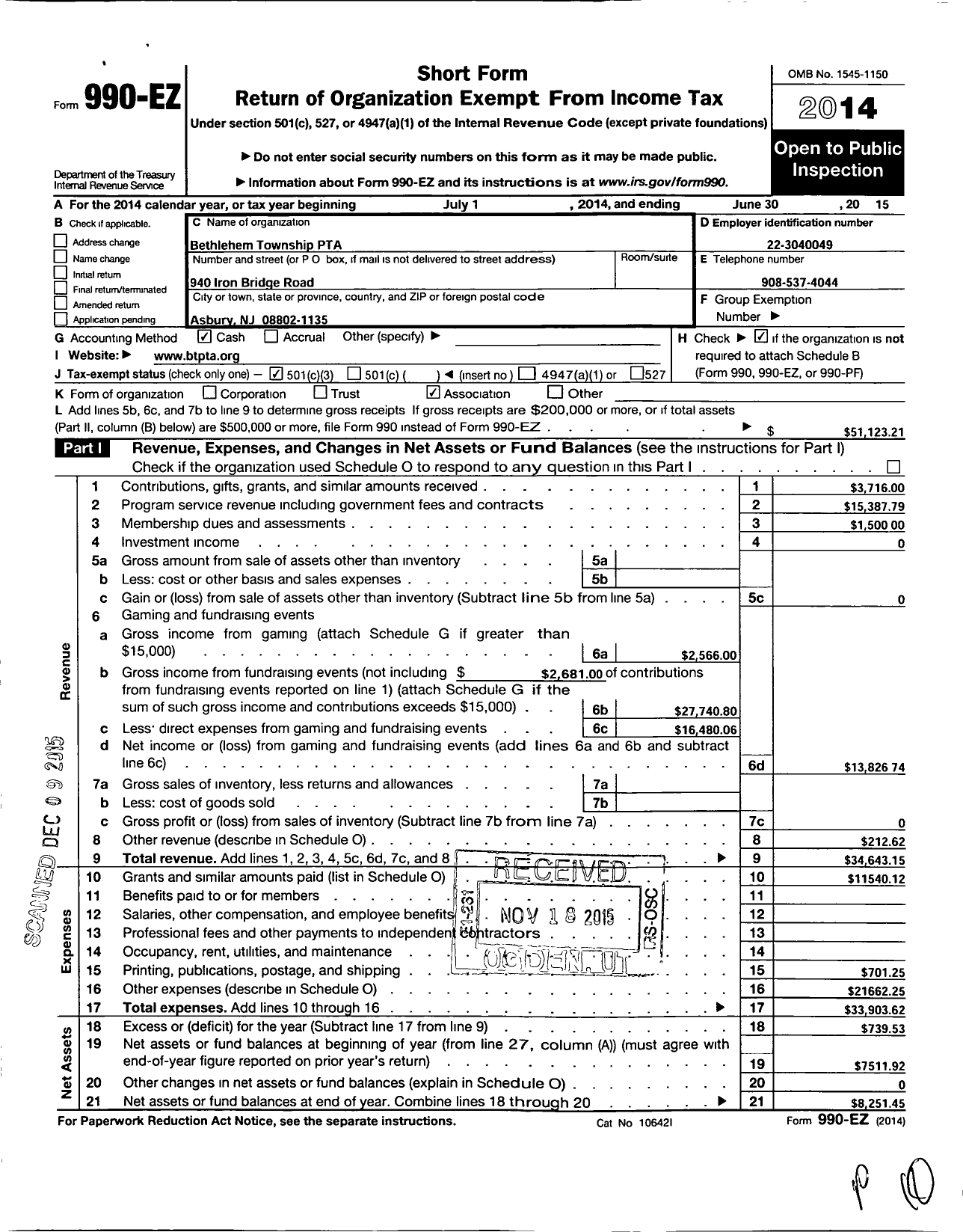 Image of first page of 2014 Form 990EZ for New Jersey PTA - 21235 Bethlehem TWP PTA